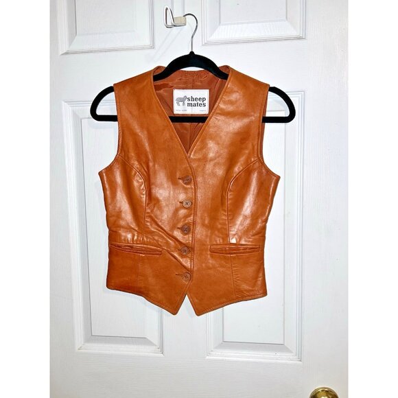 Vintage SHEEP MATES Cognac Leather Fitted Lined Vest Five Button Sz 8 - Picture 1 of 10